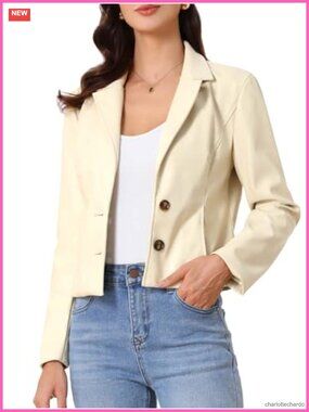 Faux PU Leather Cropped Motorcycle Jacket Button Down Notch Lapel Moto